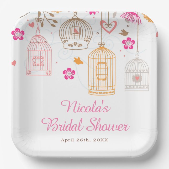 Pink and Orange Floral Bird Cages Bridal Shower Paper Plate (Front)