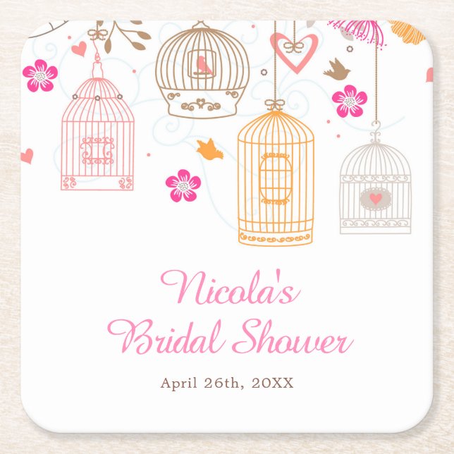Pink and Orange Floral Bird Cages Bridal Shower Square Paper Coaster (Front)