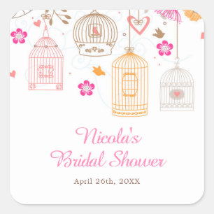 Pink and Orange Floral Bird Cages Bridal Shower Square Sticker