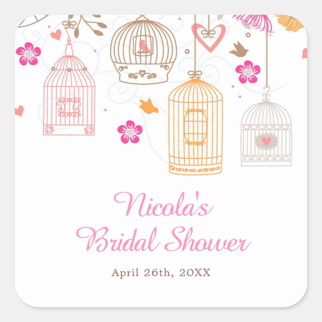 Pink and Orange Floral Bird Cages Bridal Shower Square Sticker (Front)