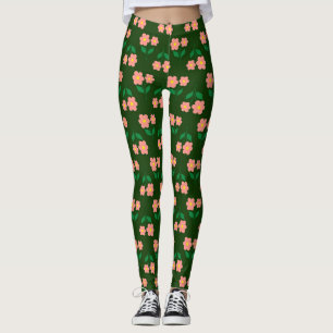 Pink and orange floral print on rich green leggings