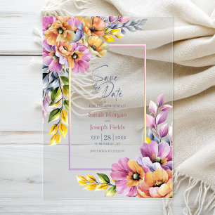 Pink and Orange Floral Save The Date Acrylic Invitations
