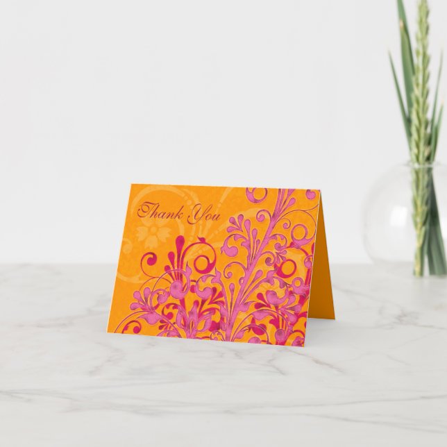 Pink and Orange Floral Wedding Thank You Card (Front)
