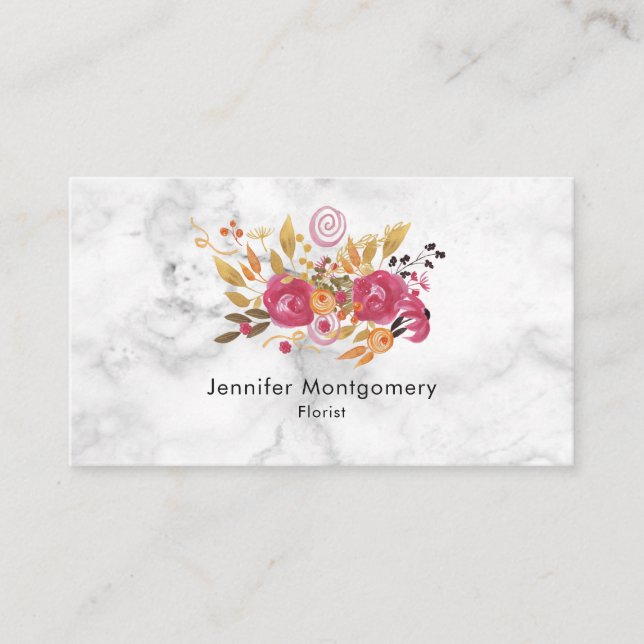 Pink and Orange Flower Bouquet on Marble Texture Business Card (Front)