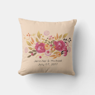Pink and Orange Flower Bouquet on Peach Background Cushion