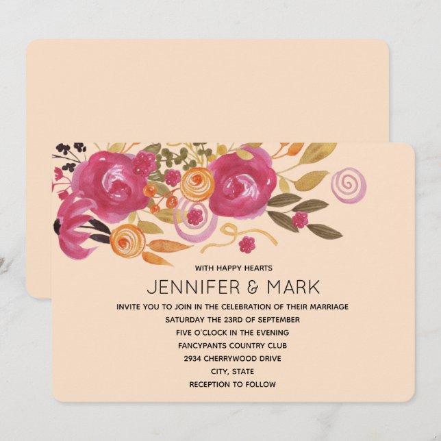 Pink and Orange Flower Bouquet on Peach Background Invitation (Front/Back)