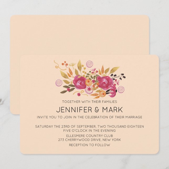 Pink and Orange Flower Bouquet on Peach Background Invitation (Front/Back)