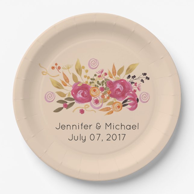 Pink and Orange Flower Bouquet on Peach Background Paper Plate (Front)