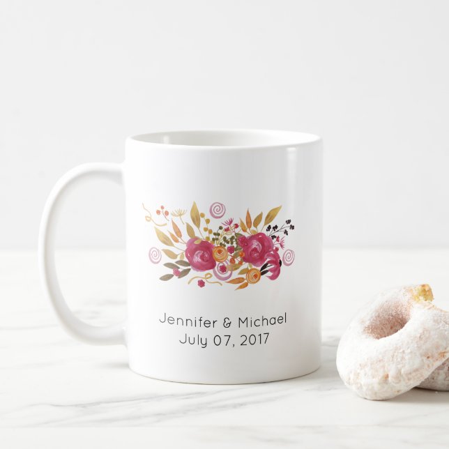 Pink and Orange Flower Bouquet Wedding Coffee Mug (With Donut)