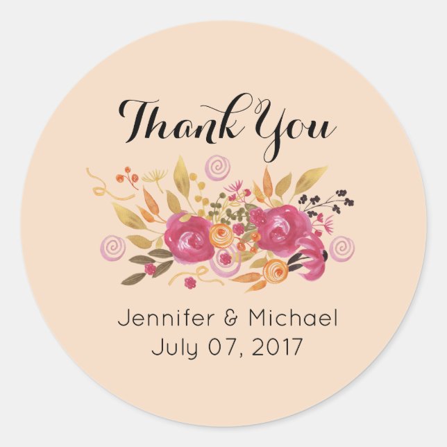 Pink and Orange Flower Bouquet Wedding Thank You Classic Round Sticker (Front)