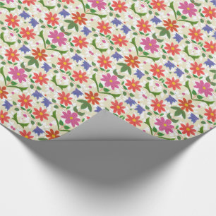 Pink and Orange Flowers and Polka Dots on Ecru Wrapping Paper