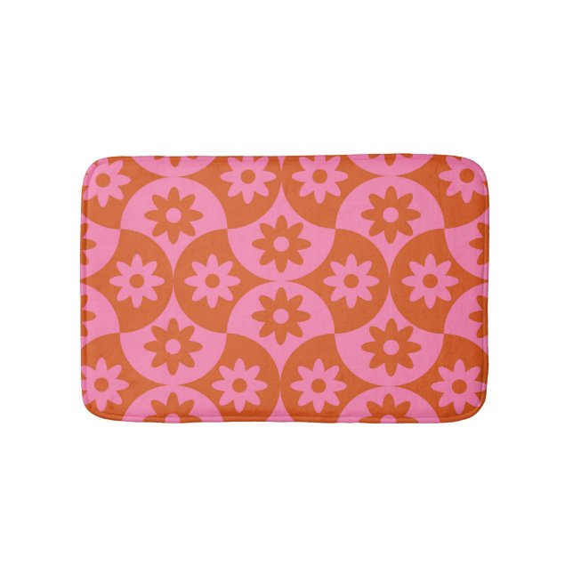 Pink and Orange Flowers on Mid Century Scallop  Bath Mat (Front)