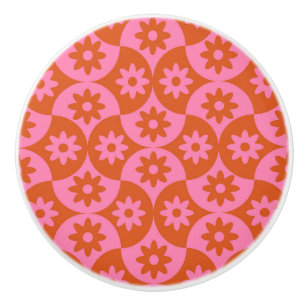 Pink and Orange Flowers on Mid Century Scallop Ceramic Knob