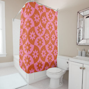 Pink and Orange Flowers on Mid Century Scallop Shower Curtain
