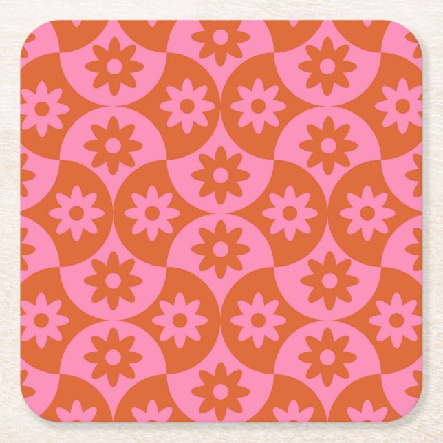 Pink and Orange Flowers on Mid Century Scallop  Square Paper Coaster (Front)