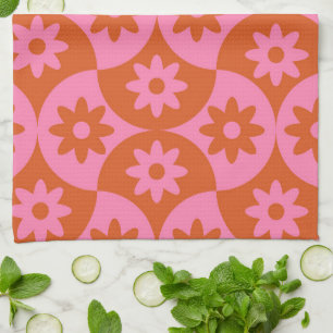 Pink and Orange Flowers on Mid Century Scallop Tea Towel