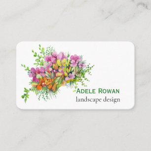 Pink and orange flowers watercolor painting business card