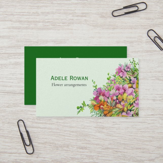 Pink and orange flowers watercolor painting business card (Front/Back In Situ)