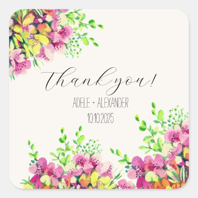 Pink and orange flowers watercolor painting square sticker (Front)