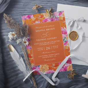 Pink and Orange Garden Budget QR Code Wedding Invitation