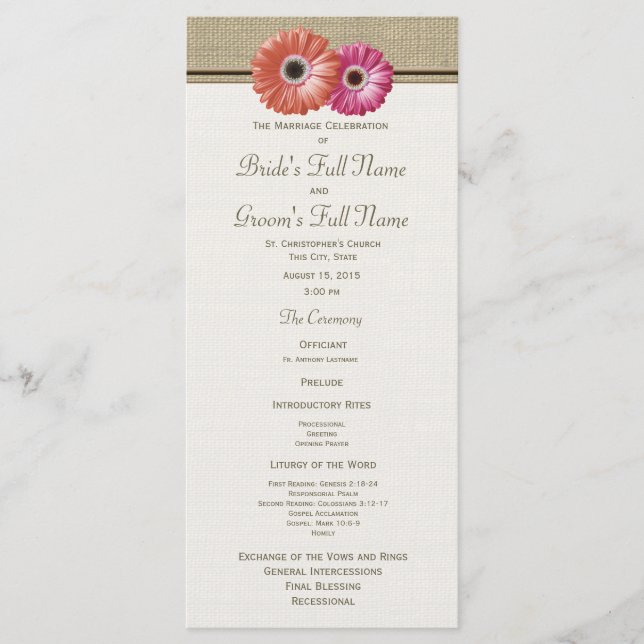 Pink and Orange Gerbera Daisy Wedding Program Programme (Front)