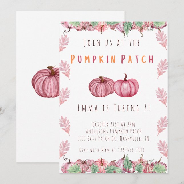 Pink And Orange Girls Pumpkin Patch Birthday  Invitation (Front/Back)