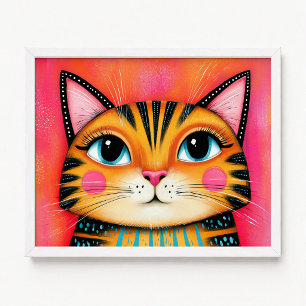 Pink and Orange Girly Tabby Cat Painting Poster