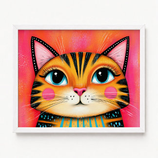Pink and Orange Girly Tabby Cat Painting Poster