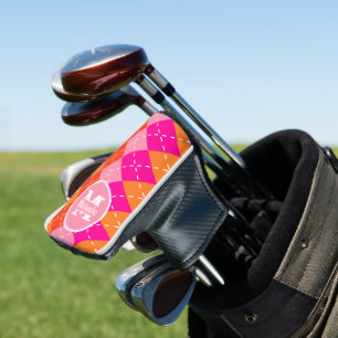 Pink and Orange Golfing Argyle Preppy Personalised Golf Head Cover