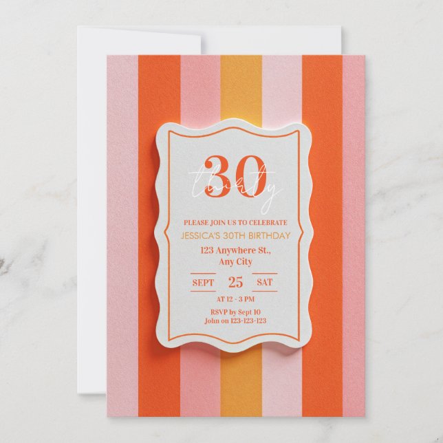 Pink and Orange Gummy Striped Frame Birthday Invitation (Front)