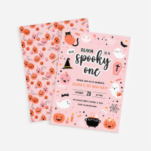 Pink and Orange Halloween 1st Birthday Invitation 