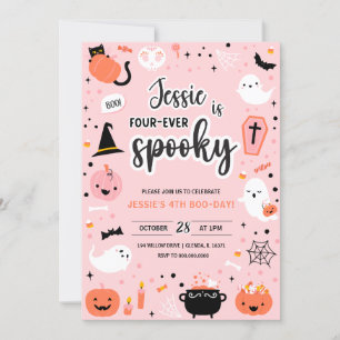 Pink and Orange Halloween 4th Birthday Invitation 