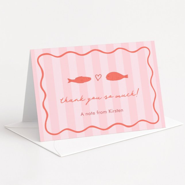 Pink And Orange Hand Drawn Fish Wedding Shower Thank You Card (Colorful Pink And Orange Two Less Fish In The Sea theme bridal shower thank you card)