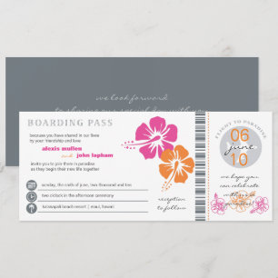 Pink and Orange Hibiscus Boarding Pass Wedding Invitation