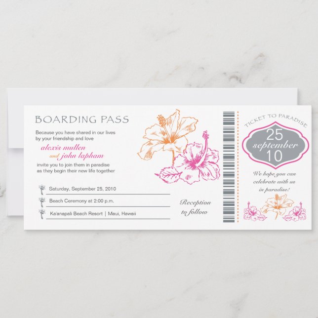 Pink and Orange Hibiscus Boarding Pass Wedding Invitation (Front)