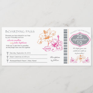 Pink and Orange Hibiscus Boarding Pass Wedding Invitation