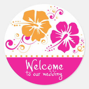 Pink and Orange Hibiscus Flower Wedding Wedding Classic Round Sticker