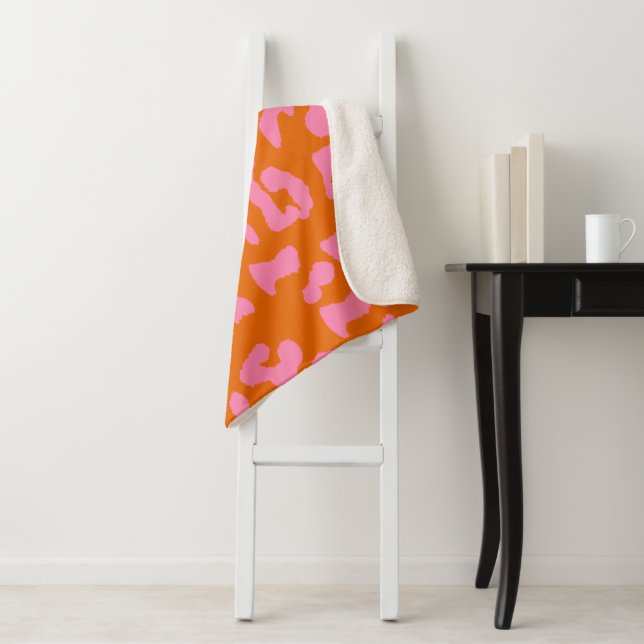 Pink and Orange Leopard Print Pattern Sherpa Blanket (In Situ)