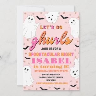 Pink and Orange Let's Go Ghurls Halloween Birthday Invitation