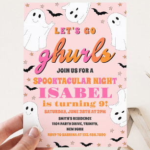 Pink and Orange Let's Go Ghurls Halloween Birthday Invitation