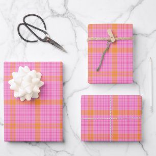 Pink and Orange Lines Tartan Plaid Pattern Wrapping Paper Sheet