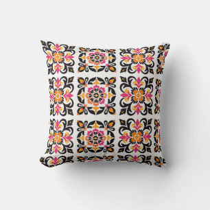 Pink and Orange Mexican Folk Tile Cushion