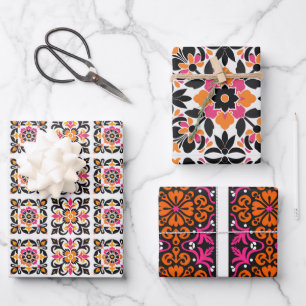Pink and Orange Mexican Folk Tile Wrapping Paper Sheet