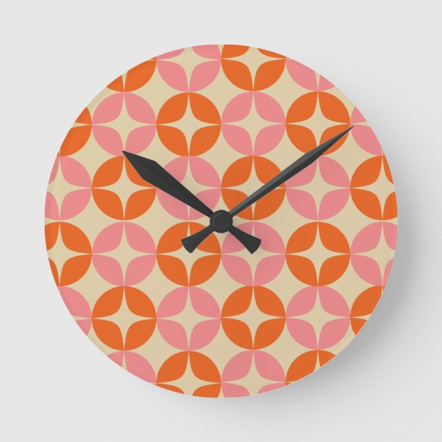 Pink and Orange Mid Century Mod Geometric Pattern Round Clock (Front)