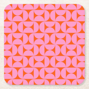 Pink And Orange Mid Century Modern Pattern Square Paper Coaster
