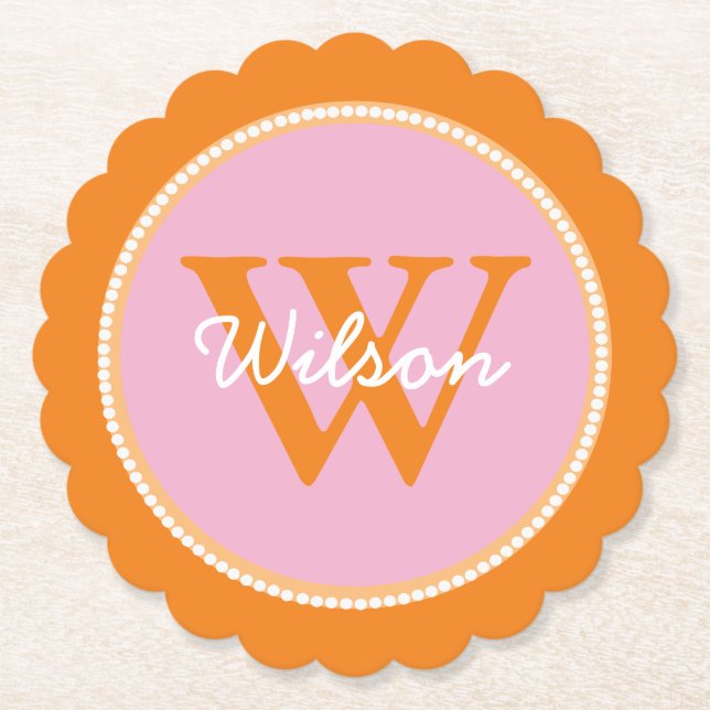Pink and Orange Monogrammed Paper Coasters (Front)