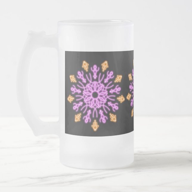 Pink and orange neon flower frosted glass beer mug (Left)