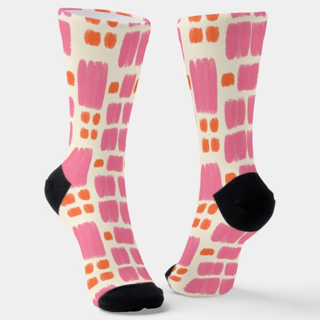 Pink and Orange painted shapes on a Cream backgrou Socks (Angled)