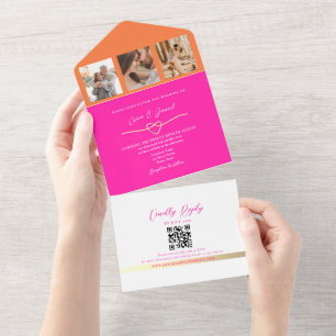 Pink and Orange Photo Wedding QR Code All In One Invitation