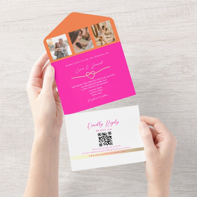Pink and Orange Photo Wedding QR Code All In One Invitation (Tearaway)